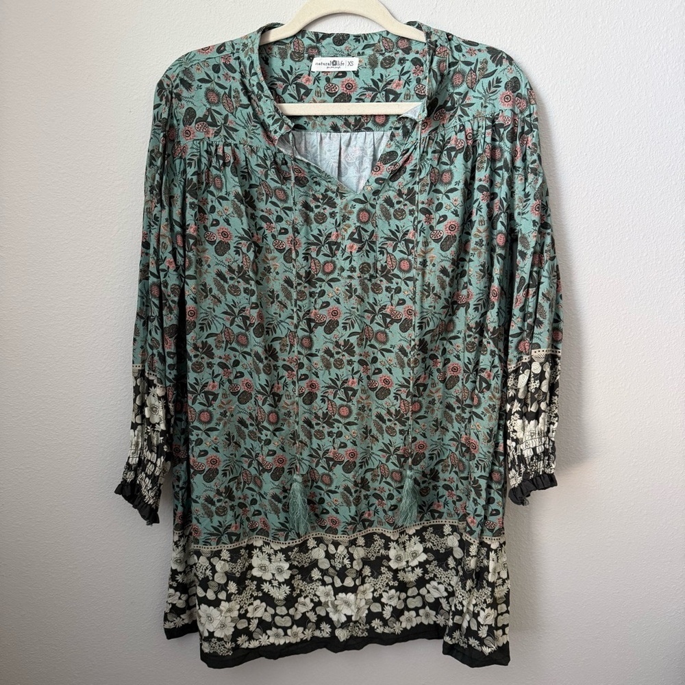 Natural Life Dara V-Neck Tunic Dress Sage & Black Floral Border pattern XS - Picture 4 of 10